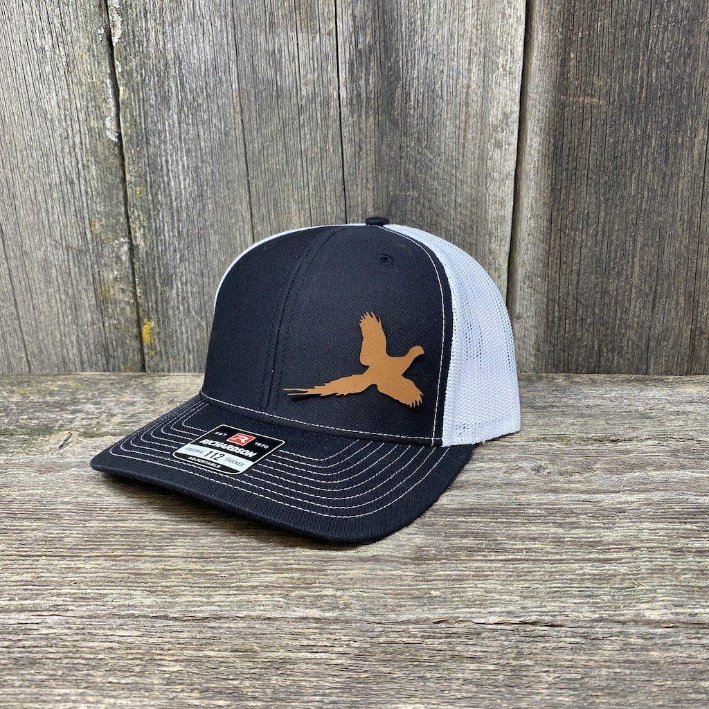 PHEASANT HUNTERS CHESTNUT LEATHER PATCH HAT - RICHARDSON 112 Leather Patch Hats Hells Canyon Designs # Black/White
