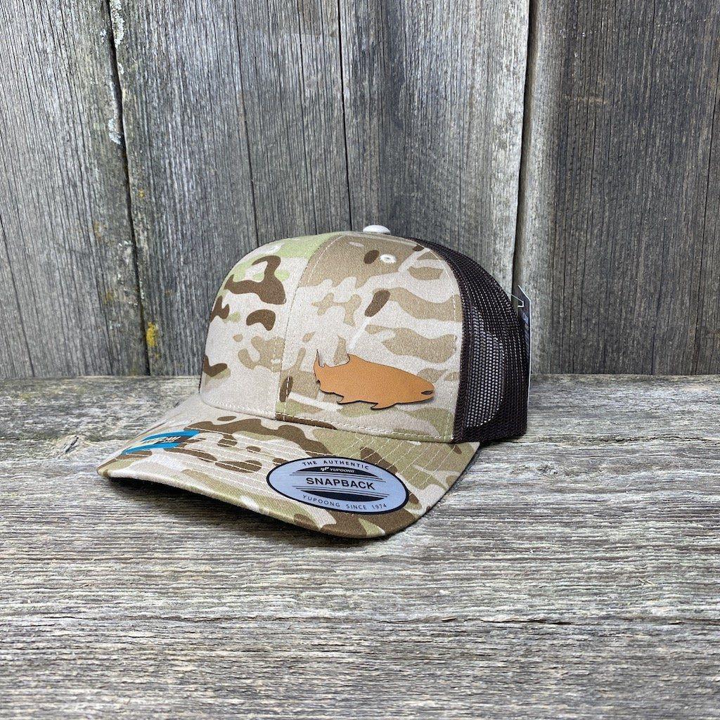 SALMON FISHING CHESTNUT LEATHER PATCH HAT - FLEXFIT SNAPBACK Leather Patch Hats Hells Canyon Designs Arid/Brown Multicam