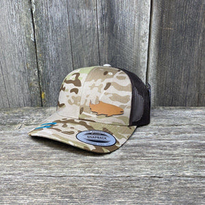 SALMON FISHING CHESTNUT LEATHER PATCH HAT - FLEXFIT SNAPBACK Leather Patch Hats Hells Canyon Designs Arid/Brown Multicam