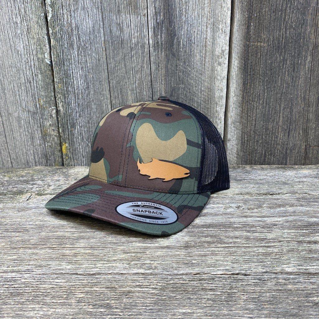 SALMON FISHING CHESTNUT LEATHER PATCH HAT - FLEXFIT SNAPBACK Leather Patch Hats Hells Canyon Designs BDU/Black