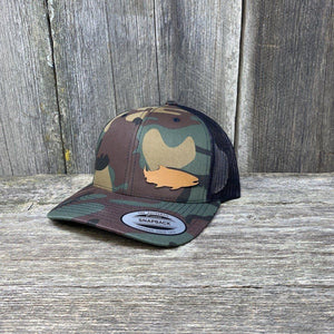 SALMON FISHING CHESTNUT LEATHER PATCH HAT - FLEXFIT SNAPBACK Leather Patch Hats Hells Canyon Designs BDU/Black