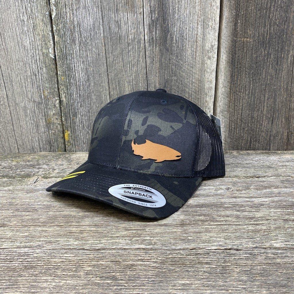 SALMON FISHING CHESTNUT LEATHER PATCH HAT - FLEXFIT SNAPBACK Leather Patch Hats Hells Canyon Designs Black Multicam