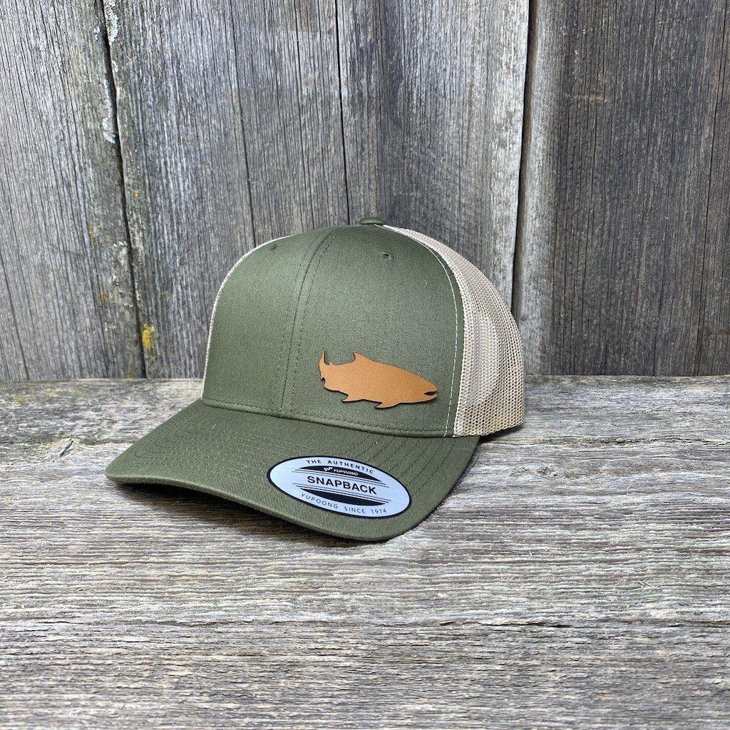 SALMON FISHING CHESTNUT LEATHER PATCH HAT - FLEXFIT SNAPBACK Leather Patch Hats Hells Canyon Designs Loden/Tan