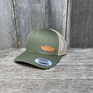 SALMON FISHING CHESTNUT LEATHER PATCH HAT - FLEXFIT SNAPBACK Leather Patch Hats Hells Canyon Designs Loden/Tan