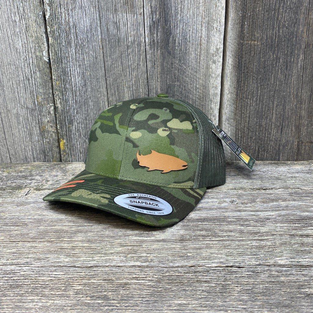 SALMON FISHING CHESTNUT LEATHER PATCH HAT - FLEXFIT SNAPBACK Leather Patch Hats Hells Canyon Designs Tropical Multicam