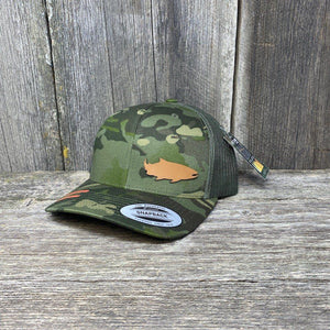 SALMON FISHING CHESTNUT LEATHER PATCH HAT - FLEXFIT SNAPBACK Leather Patch Hats Hells Canyon Designs Tropical Multicam