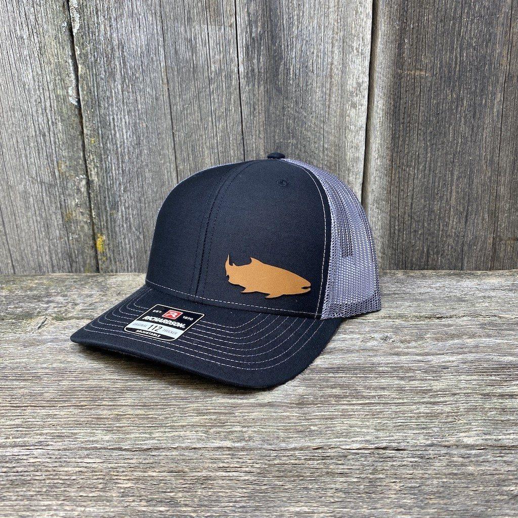 SALMON FISHING LEATHER PATCH HAT - RICHARDSON 112 Leather Patch Hats Hells Canyon Designs Black/Charcoal