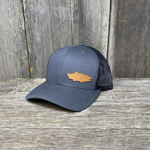 SALMON FISHING LEATHER PATCH HAT - RICHARDSON 112 Leather Patch Hats Hells Canyon Designs Charcoal/Black