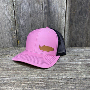 SALMON FISHING LEATHER PATCH HAT - RICHARDSON 112 Leather Patch Hats Hells Canyon Designs Pink/Black