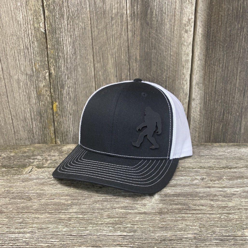 SASQUATCH BLACK LEATHER PATCH HAT RICHARDSON 112 Leather Patch Hats Hells Canyon Designs # Black/White