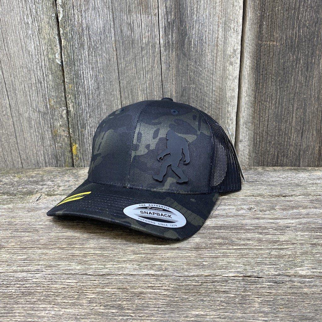 SASQUATCH BLACK LEATHER PATCH HAT - SNAPBACK Leather Patch Hats Hells Canyon Designs # Black Multi-cam
