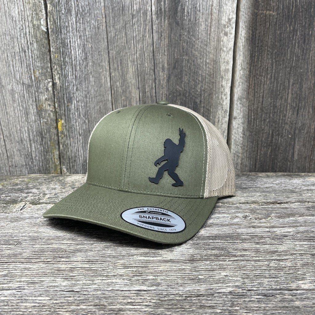SASQUATCH BLACK LEATHER PEACE PATCH - FLEXFIT SNAPBACK Leather Patch Hats Hells Canyon Designs # Moss/Khaki