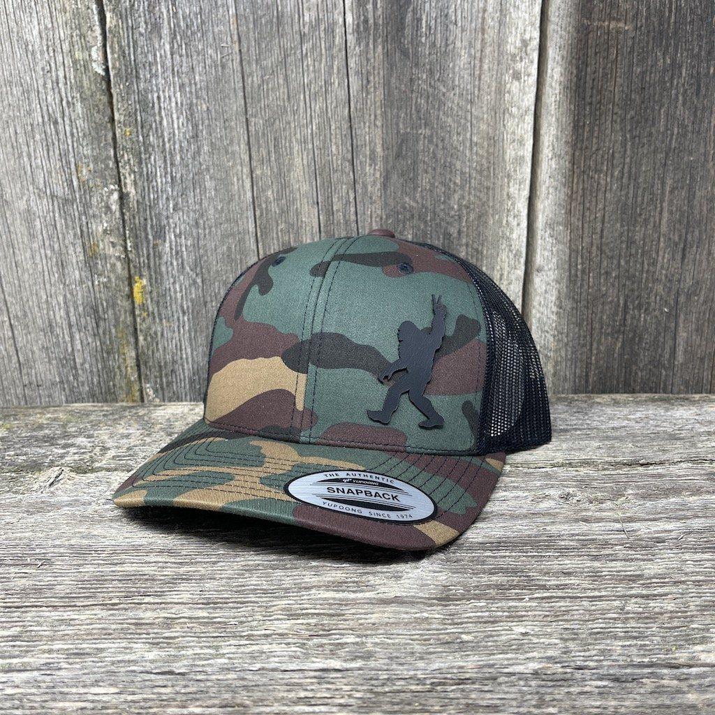 SASQUATCH BLACK LEATHER PEACE PATCH - FLEXFIT SNAPBACK Leather Patch Hats Hells Canyon Designs # BDU/Green