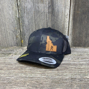 SASQUATCH IDAHO LEATHER PATCH HAT FLEXFIT Leather Patch Hats Hells Canyon Designs # Black Multi-cam