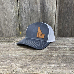 SASQUATCH IDAHO LEATHER PATCH HAT RICHARDSON 112 Leather Patch Hats Hells Canyon Designs # Charcoal/White