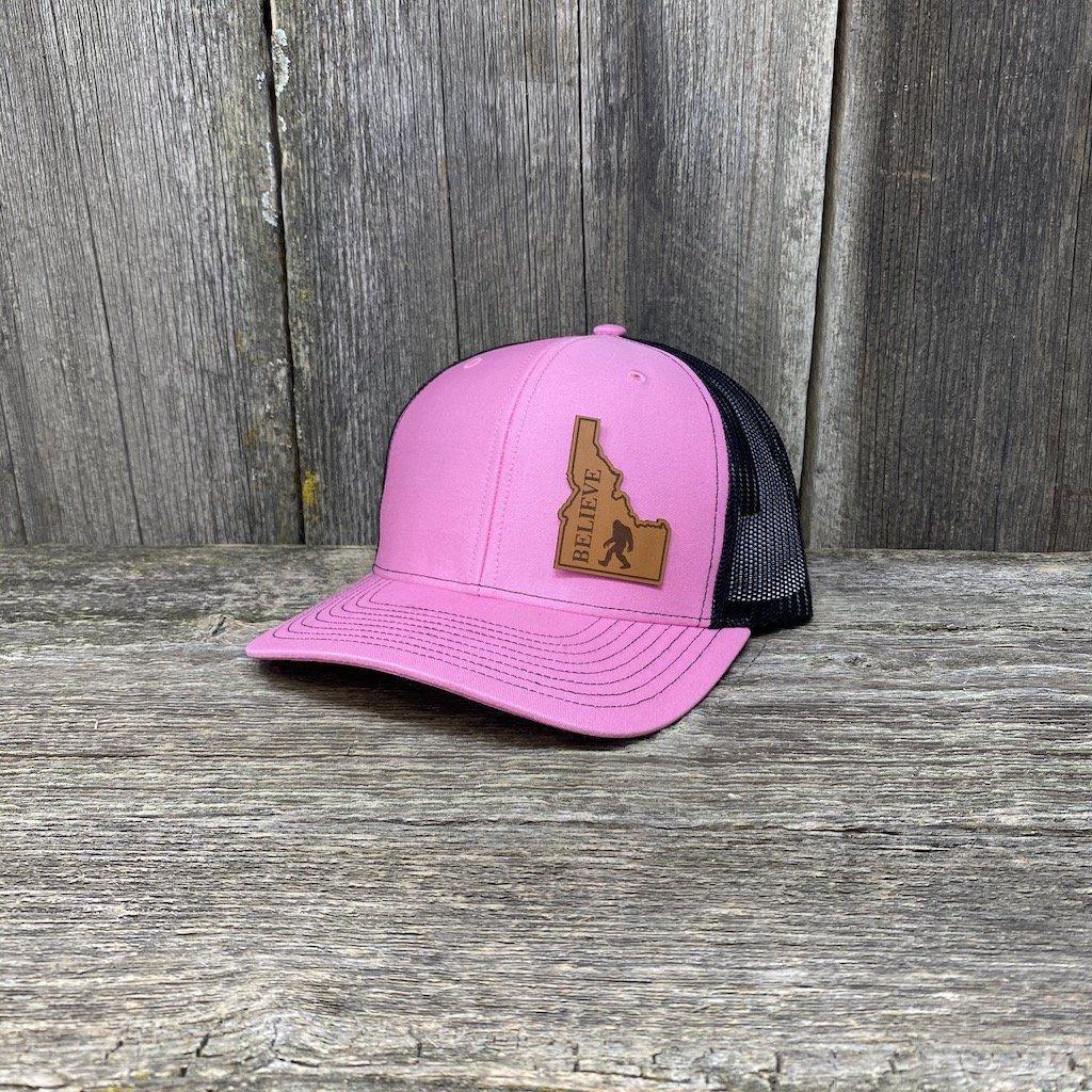 SASQUATCH IDAHO LEATHER PATCH HAT RICHARDSON 112 Leather Patch Hats Hells Canyon Designs # Pink/Black