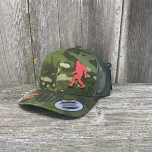 SASQUATCH RED LEATHER PATCH HAT - SNAPBACK Leather Patch Hats Hells Canyon Designs Green Jungle Multicam