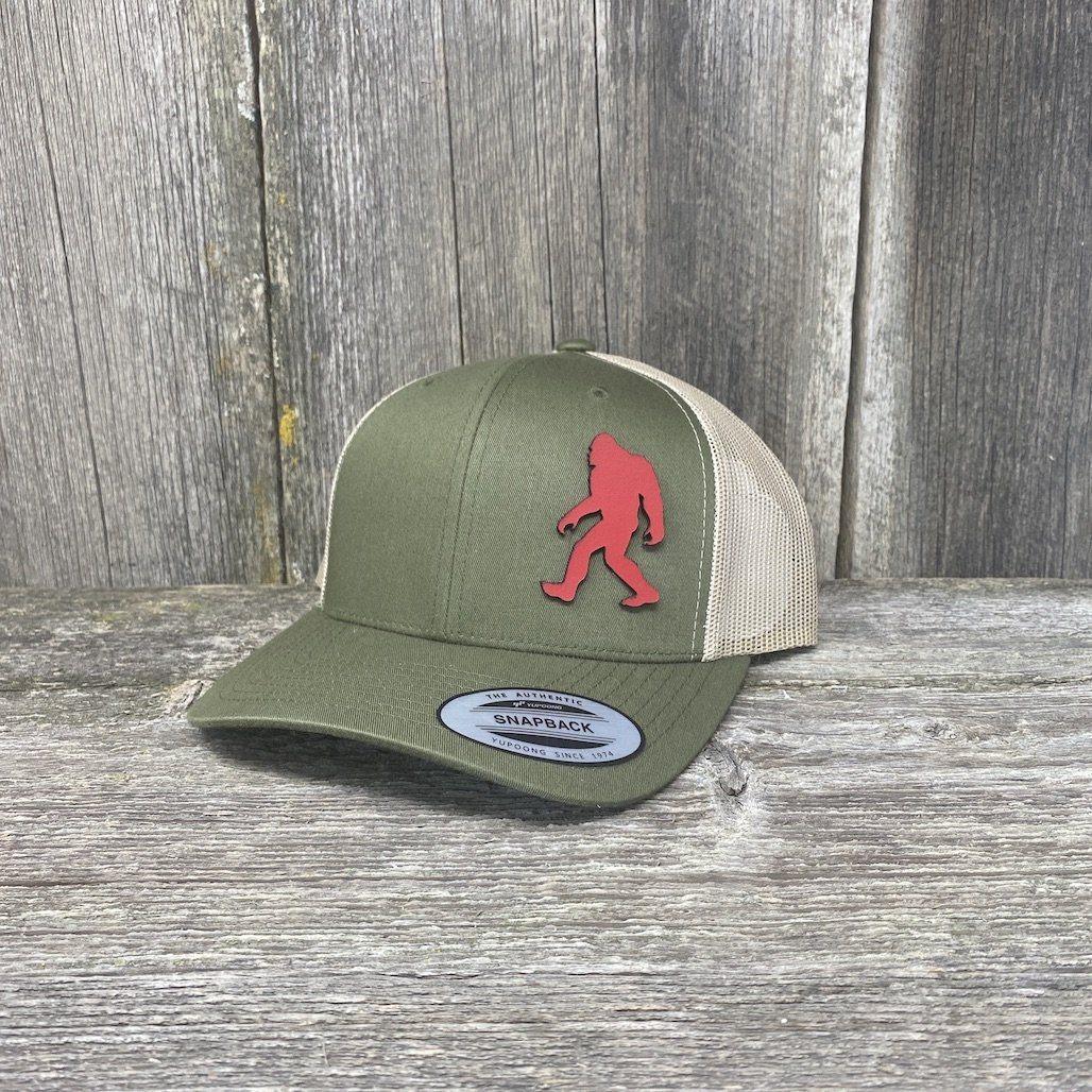 SASQUATCH RED LEATHER PATCH HAT - SNAPBACK Leather Patch Hats Hells Canyon Designs Loden/Tan