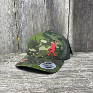 SASQUATCH RED LEATHER SHAKA PATCH - FLEXFIT-SNAPBACK Leather Patch Hats Hells Canyon Designs Green Jungle Multicam
