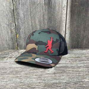 SASQUATCH RED LEATHER SHAKA PATCH - FLEXFIT-SNAPBACK Leather Patch Hats Hells Canyon Designs Tropical Multicam