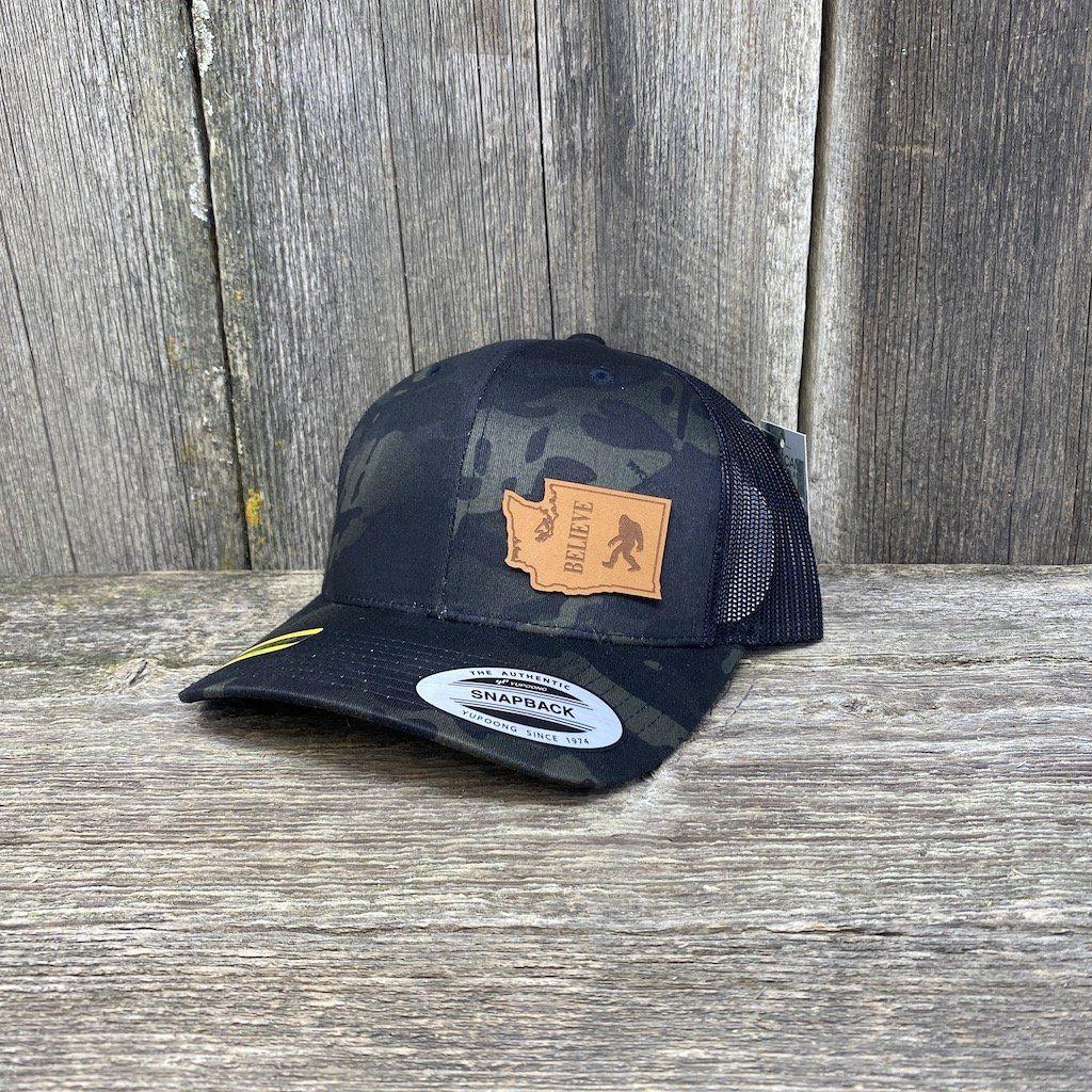 SASQUATCH WASHINGTON LEATHER PATCH HAT FLEXFIT Leather Patch Hats Hells Canyon Designs Black Multicam