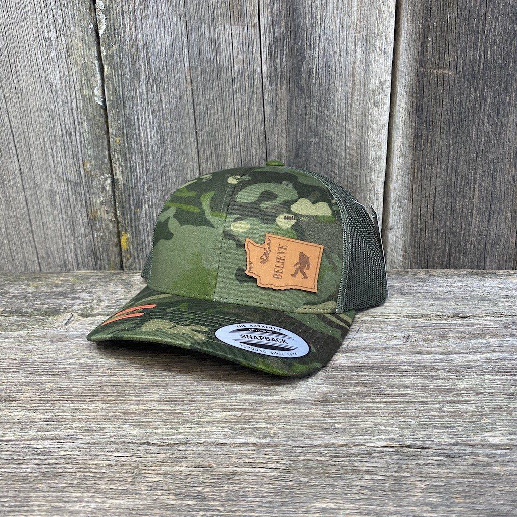 SASQUATCH WASHINGTON LEATHER PATCH HAT FLEXFIT Leather Patch Hats Hells Canyon Designs Tropical Multicam