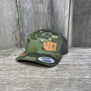 SASQUATCH WASHINGTON LEATHER PATCH HAT FLEXFIT Leather Patch Hats Hells Canyon Designs Tropical Multicam