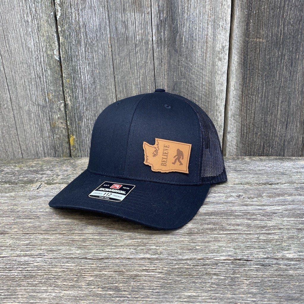 SASQUATCH WASHINGTON LEATHER PATCH HAT RICHARDSON 112 Leather Patch Hats Hells Canyon Designs Solid Black