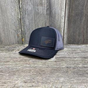 STEELHEAD FLY BLACK LEATHER PATCH HAT - RICHARDSON 112 Leather Patch Hats Hells Canyon Designs Black/Charcoal