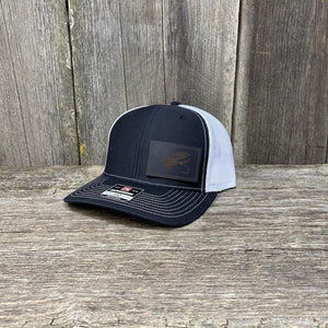 STEELHEAD FLY BLACK LEATHER PATCH HAT - RICHARDSON 112 Leather Patch Hats Hells Canyon Designs Black/White