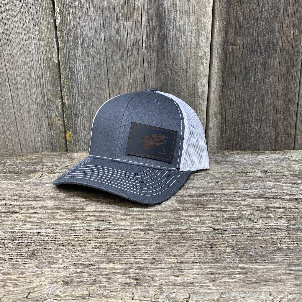 STEELHEAD FLY BLACK LEATHER PATCH HAT - RICHARDSON 112 Leather Patch Hats Hells Canyon Designs Charcoal/White