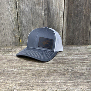 STEELHEAD FLY BLACK LEATHER PATCH HAT - RICHARDSON 112 Leather Patch Hats Hells Canyon Designs Charcoal/White