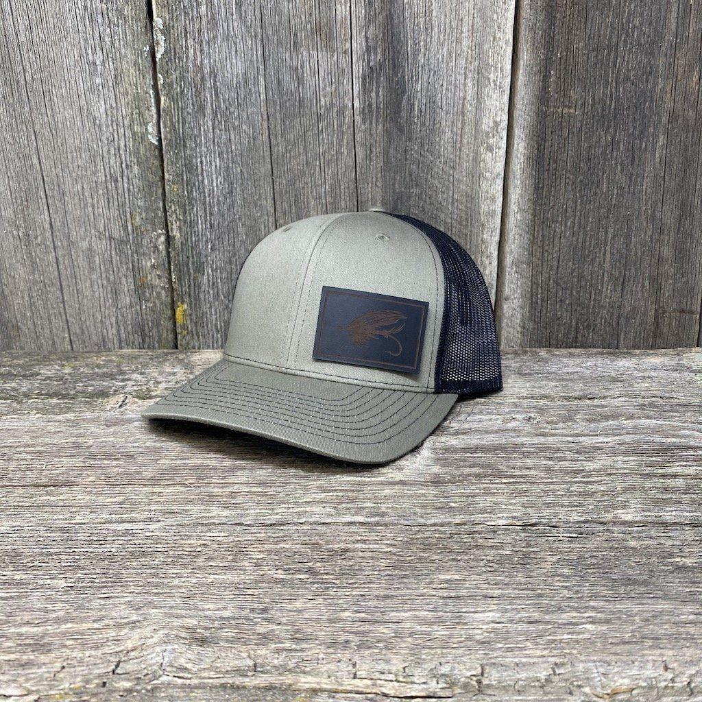 STEELHEAD FLY BLACK LEATHER PATCH HAT - RICHARDSON 112 Leather Patch Hats Hells Canyon Designs Loden/Black