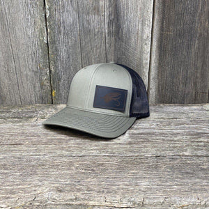 STEELHEAD FLY BLACK LEATHER PATCH HAT - RICHARDSON 112 Leather Patch Hats Hells Canyon Designs Loden/Black