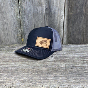 STEELHEAD FLY NATURAL LEATHER PATCH HAT - RICHARDSON 112 Leather Patch Hats Hells Canyon Designs Black/Charcoal