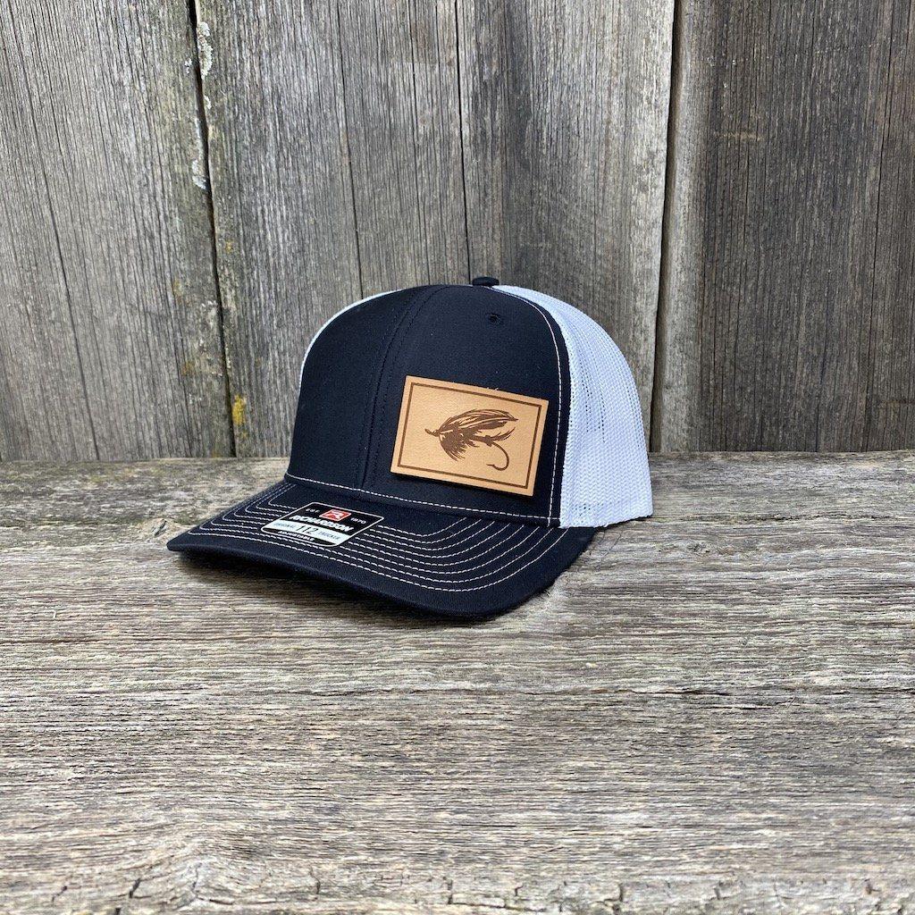 STEELHEAD FLY NATURAL LEATHER PATCH HAT - RICHARDSON 112 Leather Patch Hats Hells Canyon Designs Black/White