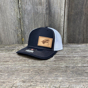 STEELHEAD FLY NATURAL LEATHER PATCH HAT - RICHARDSON 112 Leather Patch Hats Hells Canyon Designs Black/White