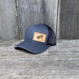 STEELHEAD FLY NATURAL LEATHER PATCH HAT - RICHARDSON 112 Leather Patch Hats Hells Canyon Designs Charcoal/Black