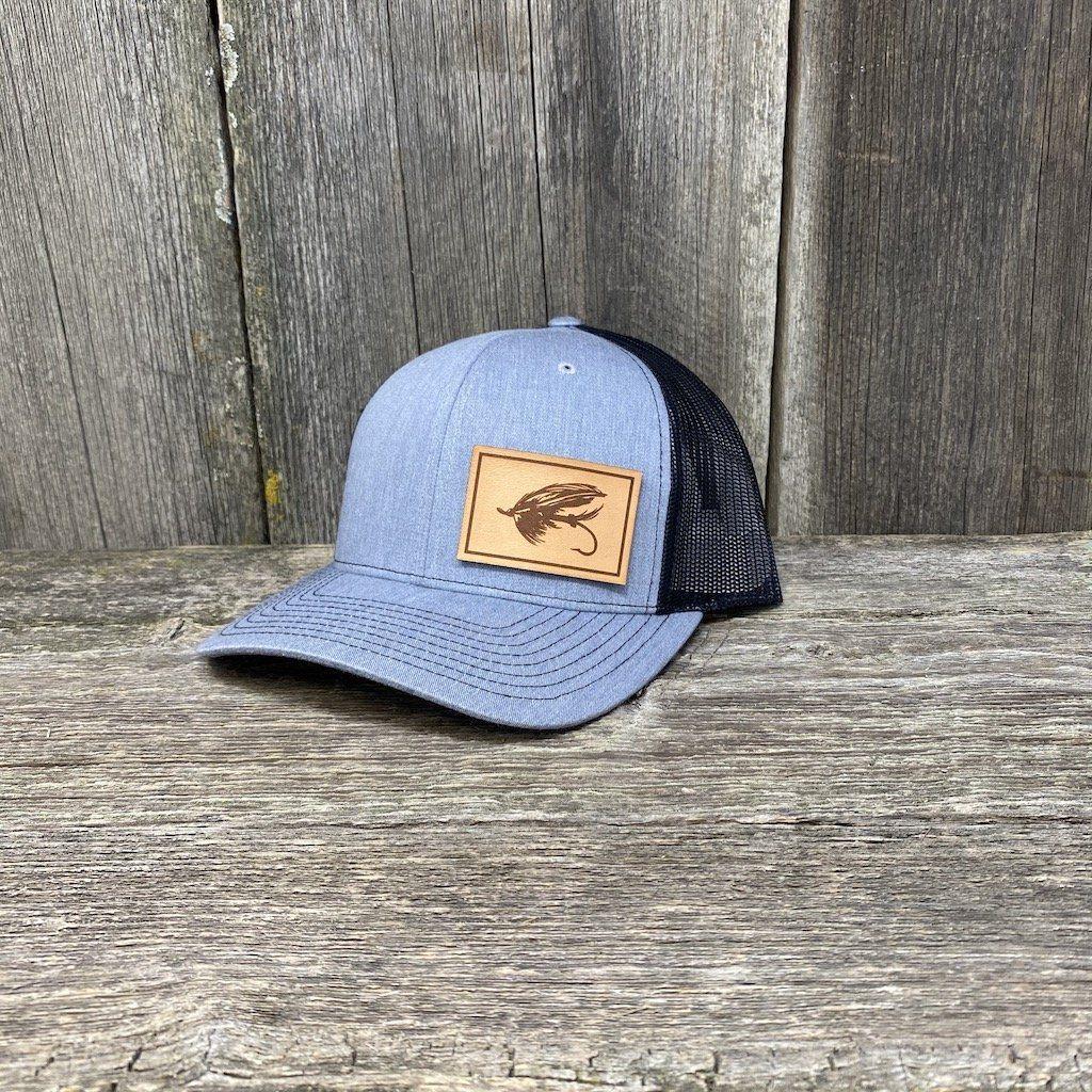 STEELHEAD FLY NATURAL LEATHER PATCH HAT - RICHARDSON 112 Leather Patch Hats Hells Canyon Designs Heather/Black