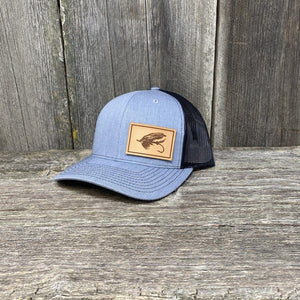 STEELHEAD FLY NATURAL LEATHER PATCH HAT - RICHARDSON 112 Leather Patch Hats Hells Canyon Designs Heather/Black
