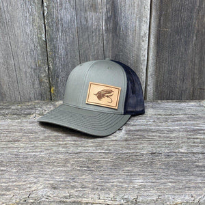 STEELHEAD FLY NATURAL LEATHER PATCH HAT - RICHARDSON 112 Leather Patch Hats Hells Canyon Designs Loden/Black