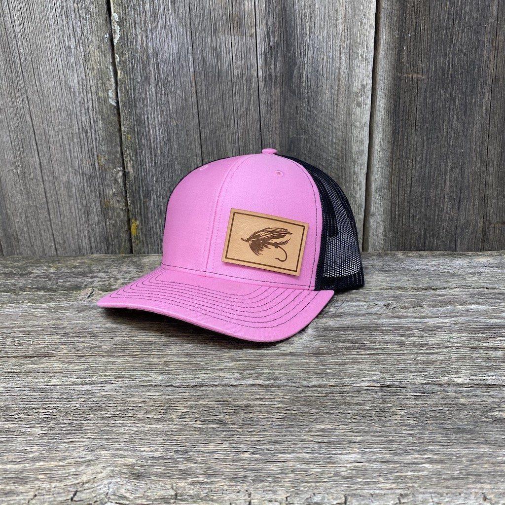 STEELHEAD FLY NATURAL LEATHER PATCH HAT - RICHARDSON 112 Leather Patch Hats Hells Canyon Designs Pink/Black