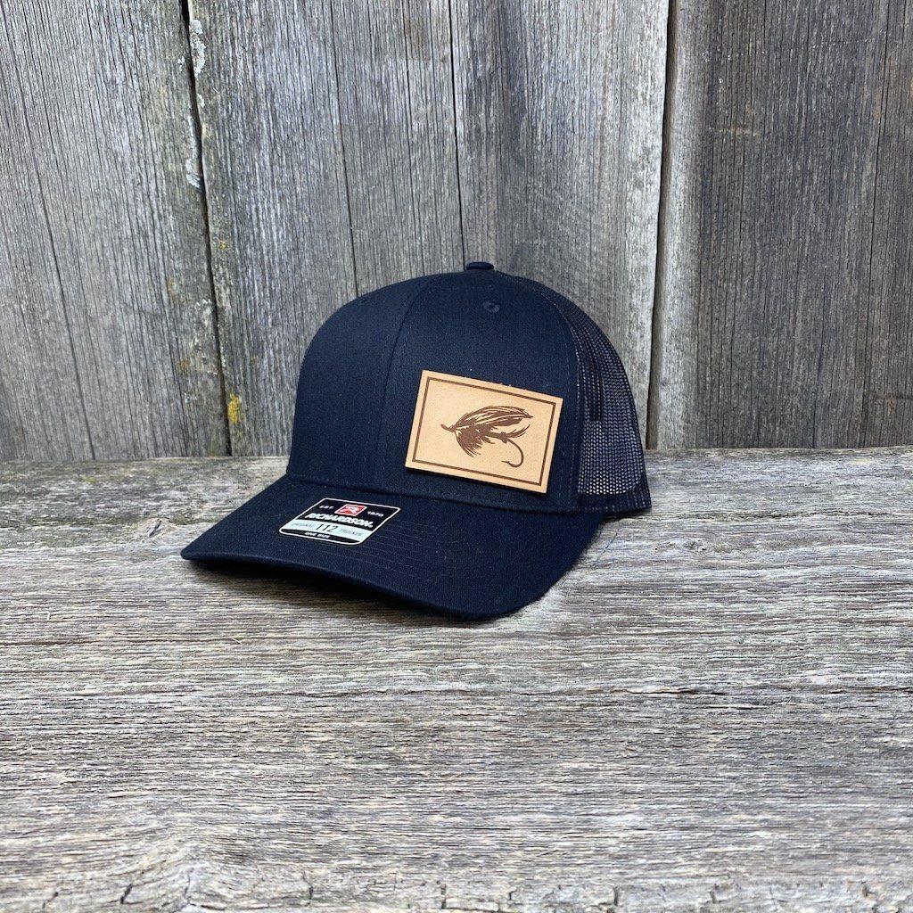 STEELHEAD FLY NATURAL LEATHER PATCH HAT - RICHARDSON 112 Leather Patch Hats Hells Canyon Designs Solid Black