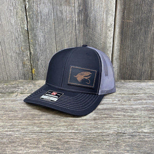 STEELHEAD FLY STITCHED BLACK LEATHER PATCH HAT - RICHARDSON 112 Leather Patch Hats Hells Canyon Designs # Black/Charcoal