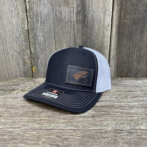 STEELHEAD FLY STITCHED BLACK LEATHER PATCH HAT - RICHARDSON 112 Leather Patch Hats Hells Canyon Designs # Black/White