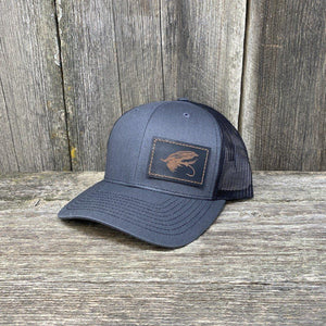 STEELHEAD FLY STITCHED BLACK LEATHER PATCH HAT - RICHARDSON 112 Leather Patch Hats Hells Canyon Designs # Charcoal/Black