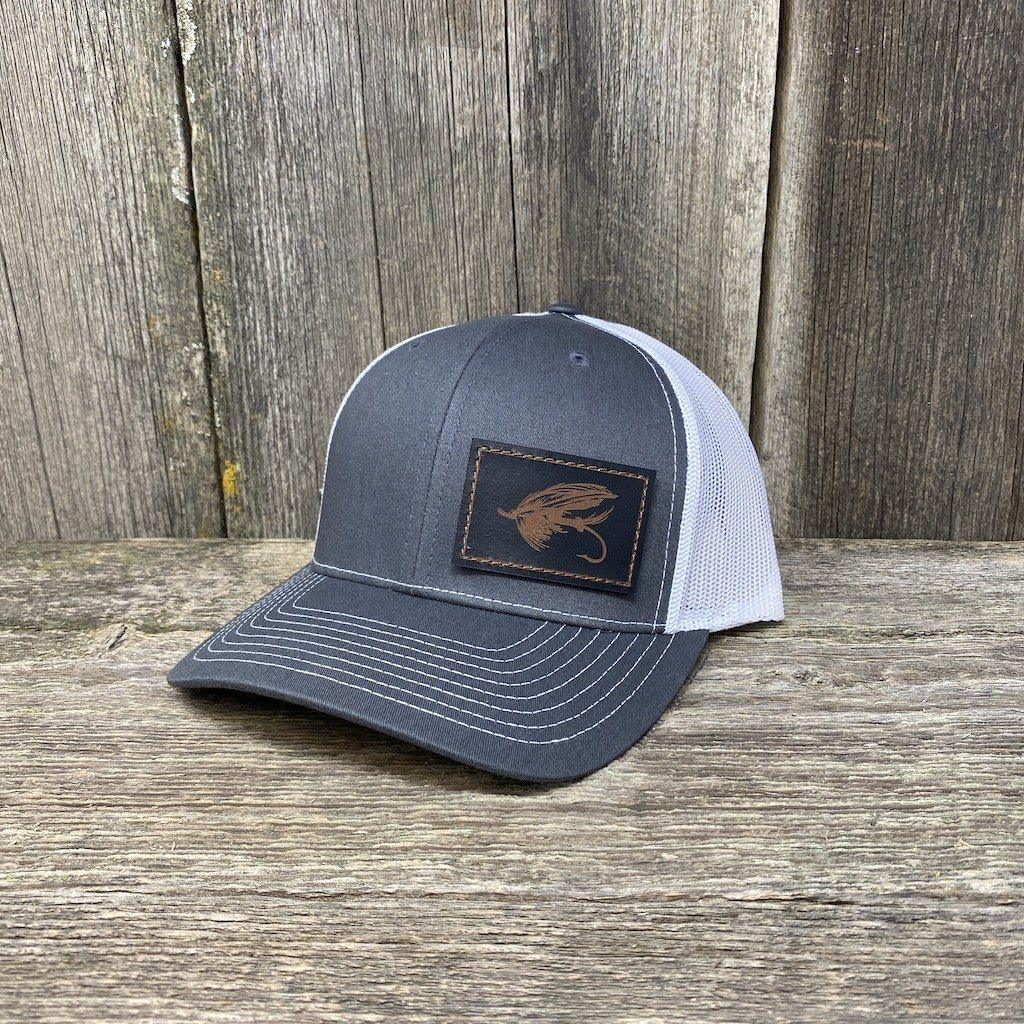STEELHEAD FLY STITCHED BLACK LEATHER PATCH HAT - RICHARDSON 112 Leather Patch Hats Hells Canyon Designs # Charcoal/White