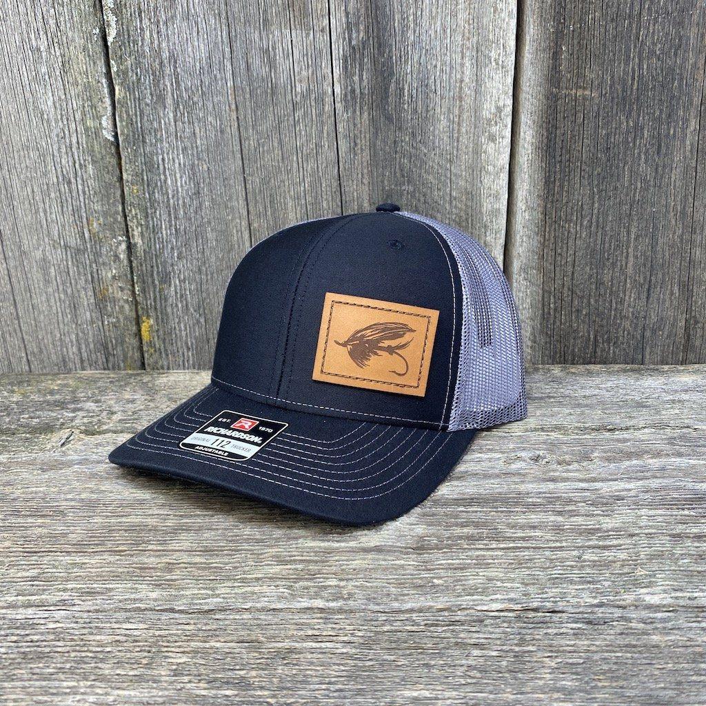 STEELHEAD FLY STITCHED CHESTNUT LEATHER PATCH HAT - RICHARDSON 112 Leather Patch Hats Hells Canyon Designs # Black/Charcoal