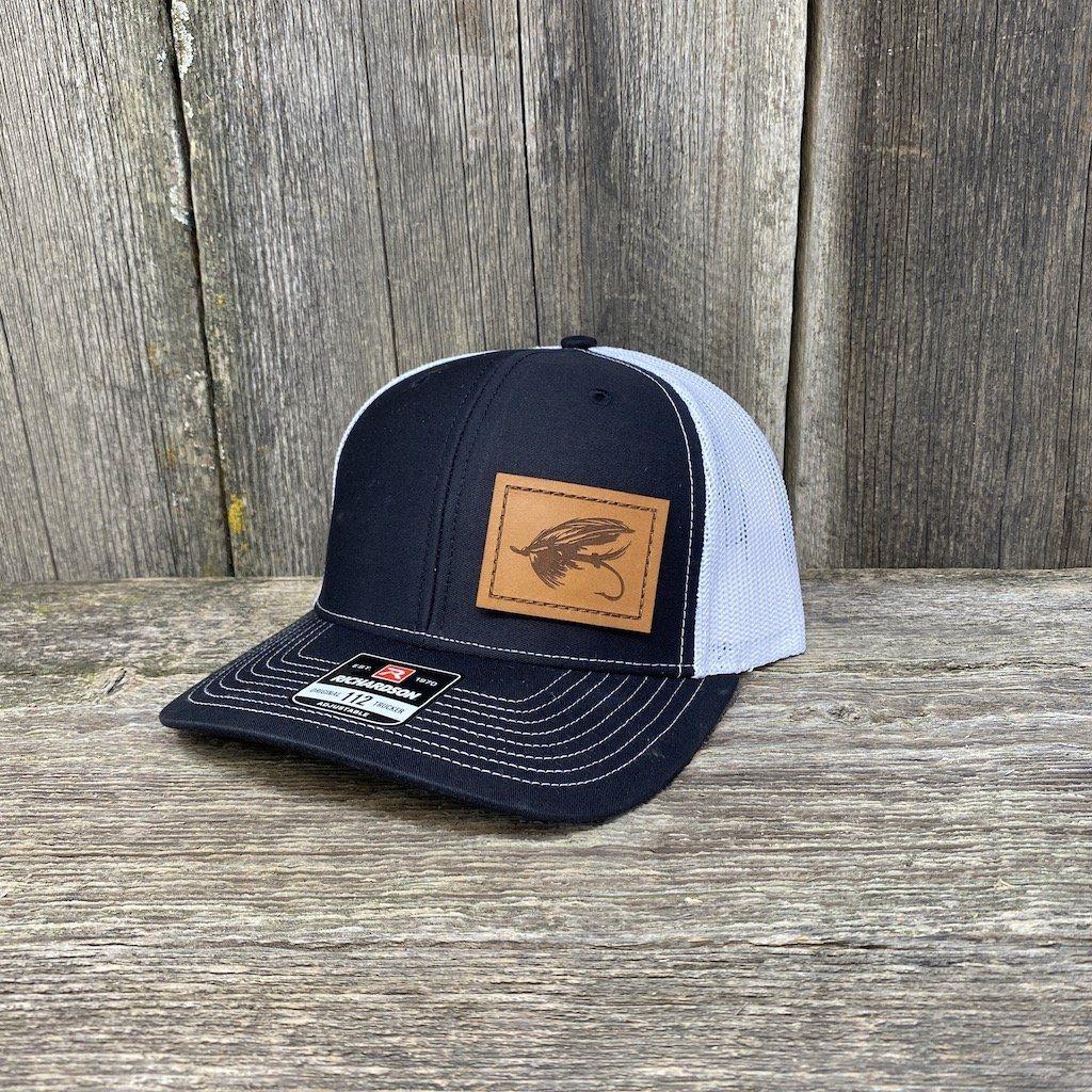 STEELHEAD FLY STITCHED CHESTNUT LEATHER PATCH HAT - RICHARDSON 112 Leather Patch Hats Hells Canyon Designs # Black/White