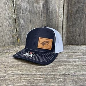 STEELHEAD FLY STITCHED CHESTNUT LEATHER PATCH HAT - RICHARDSON 112 Leather Patch Hats Hells Canyon Designs # Black/White
